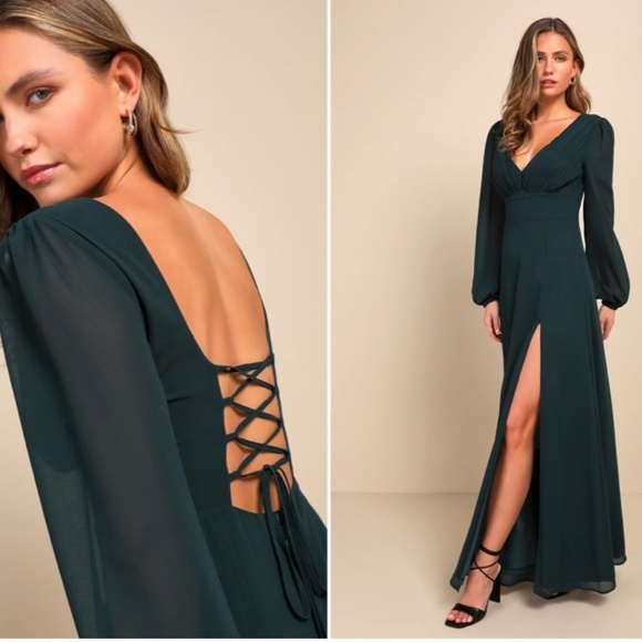 LULU's Sexy Elegant Long Sleeve Romantic Flowy Bridesmaid Wedding Formal Gown - Picture 1 of 5